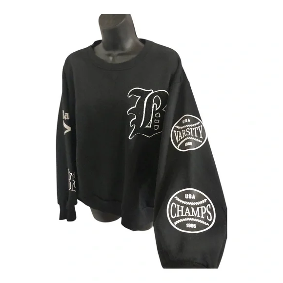 Black multi print varsity patchwork sweatshirt size medium brand new - Picture 1 of 10